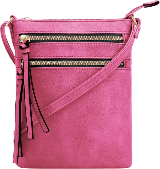 DELUXITY | Crossbody Purse Bag | Functional Multi Pocket Double Zipper Purse | Adjustable Strap | Medium Size Purse |Fuchsia