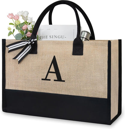 TOPDesign Initial Jute/Canvas Tote Bag, Personalized Present Bag, Suitable for Wedding, Birthday, Beach, Holiday, is a Great Gift for Women, Mom, Teachers, Friends, Bridesmaids (Letter A)