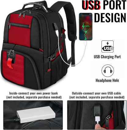 YOREPEK Travel Backpack, Extra Large 50L Laptop Backpacks for Men Women, Water Resistant College Backpack Airline Approved Business Work Bag with USB Charging Port Fits 17 Inch Computer, Bright Red