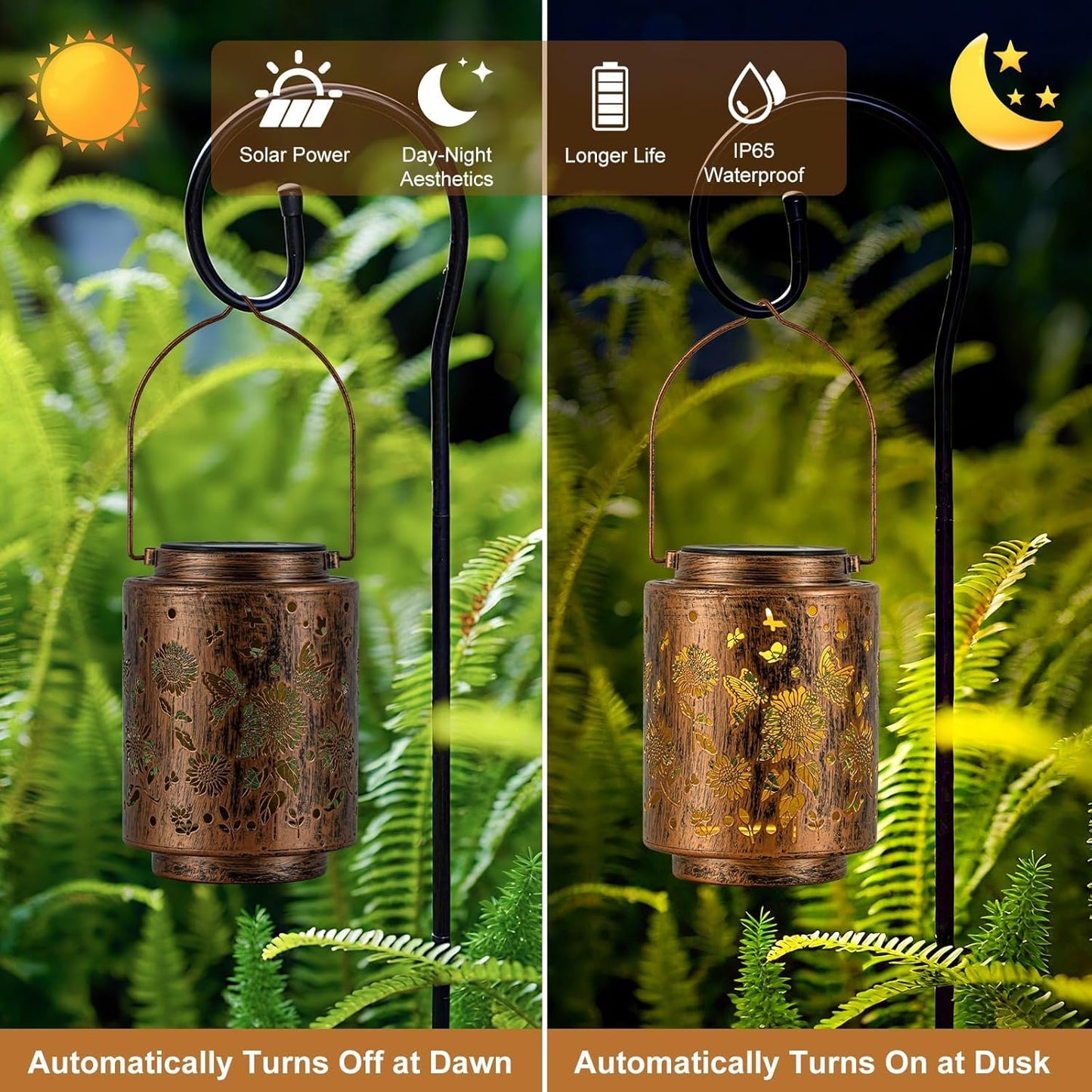 Hanging Solar Lanterns for Outside Sunflower and Butterfly Decorative Lights Warm Glow with Metal Finish Garden Lanterns Waterproof Gifts for Women Patio Décor