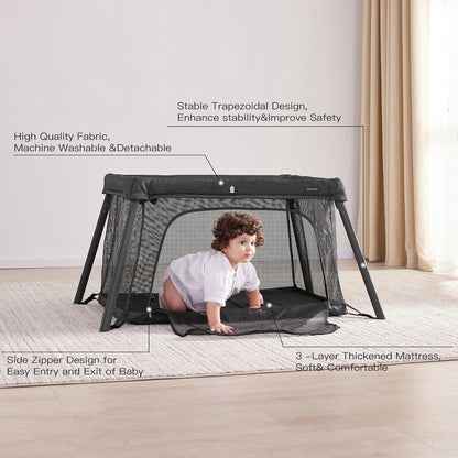 2 in 1 Portable Travel Crib for Toddler, Foldable Crib for Baby, Lightweight Playpen Collapsible Playard with Soft Mattress, Easy to Carry Baby Travel Bed for Outdoor, Indoor (Black)