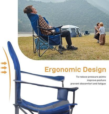 EVER ADVANCED High Back Folding Camping Chair Oversized and Fully Padded, Portable Quad Camp Lawn Chair Up to 400 lbs, with Cup Holder Armrest Carrying Bag