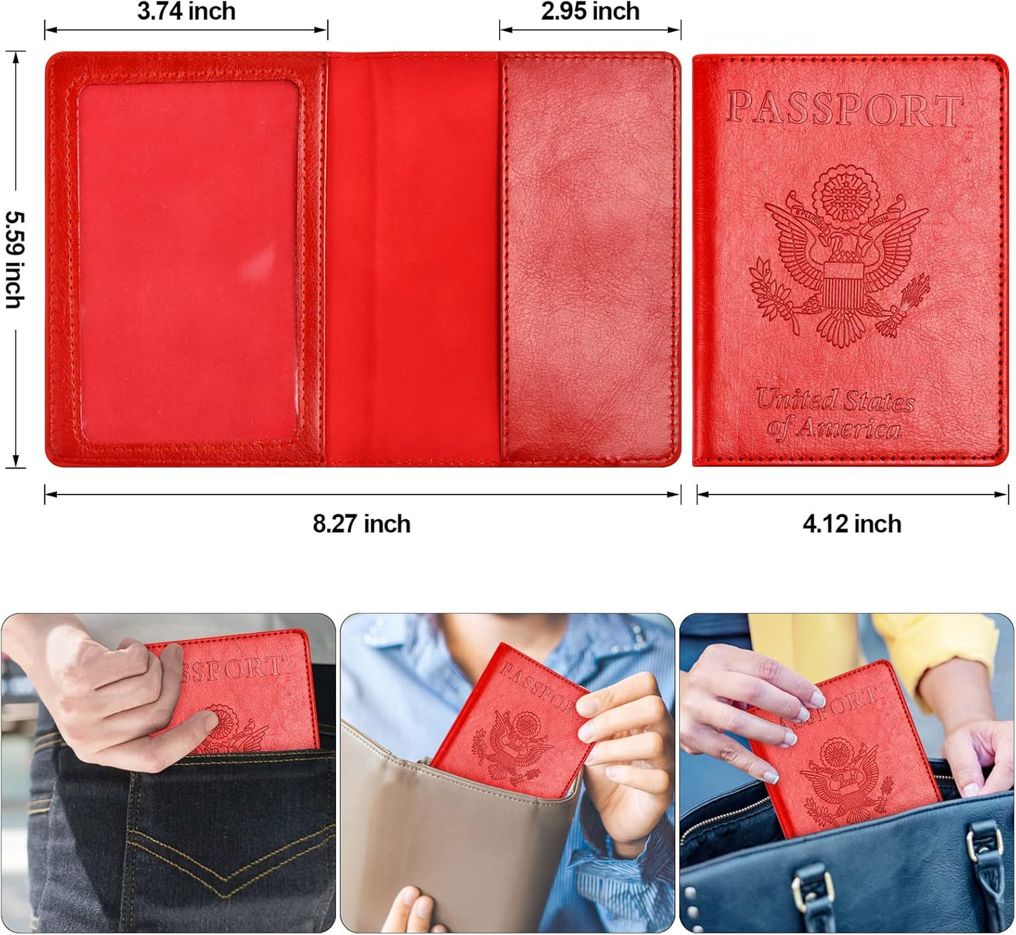 Eoehro Passport and Vaccine Card Holder Combo, Faux Leather, Compact, Lightweight, Waterproof, Red
