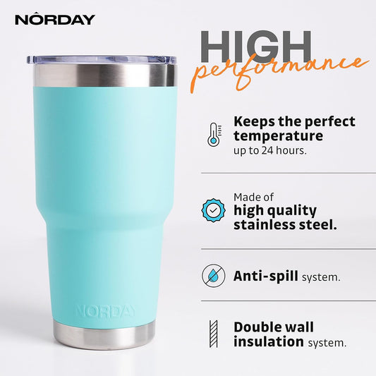 NORDAY | Tumbler with Lid - 30oz - Aqua Insulated Tumbler - Stainless Steel Tumblers - Double Wall Vacuum Insulated Travel Coffee Mug for Car Cup Holder - Keeps Temperature for 24hr - Anti Spill Lid