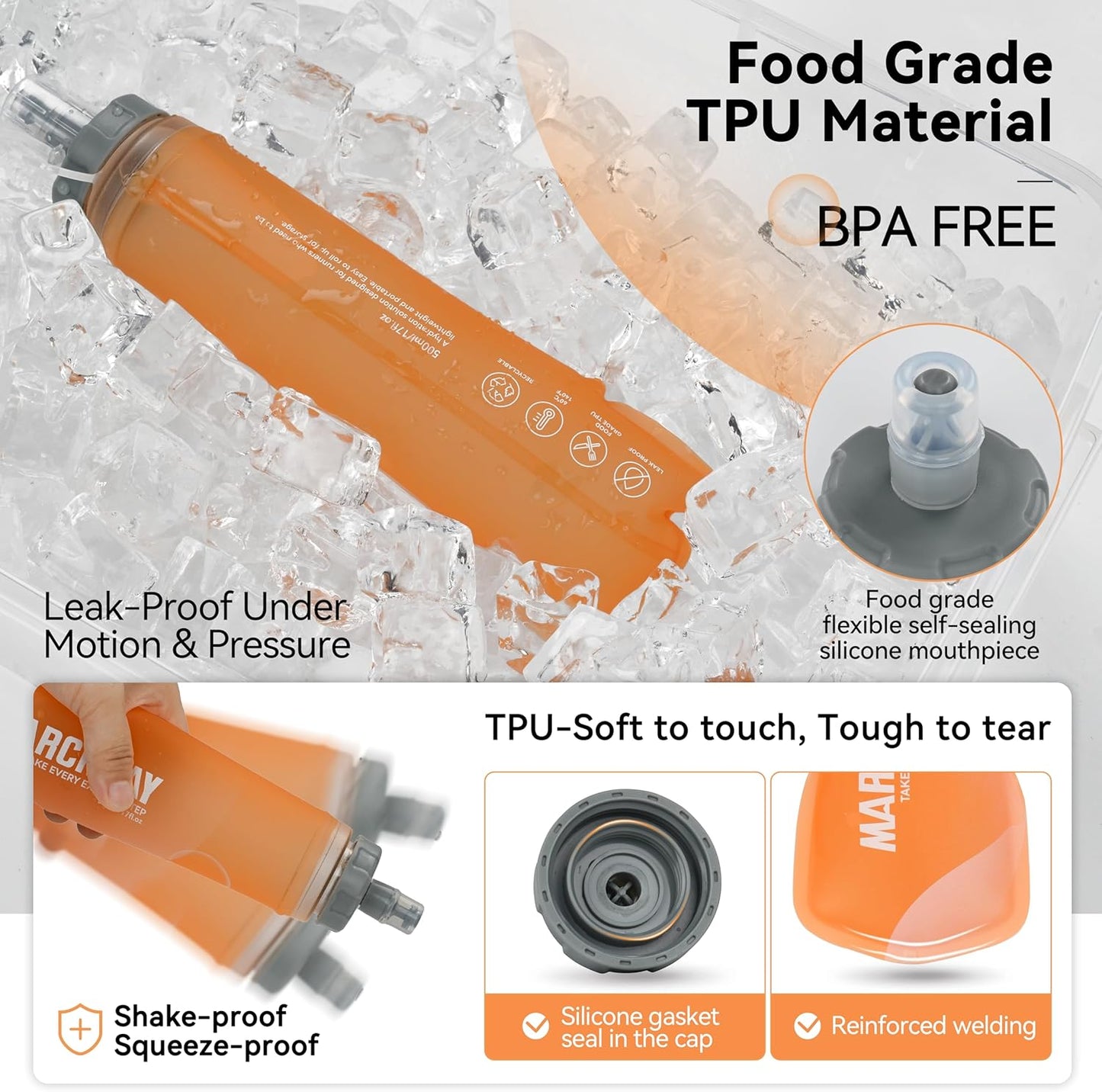 MARCHWAY Soft Hydration Flask with Wide Mouth, 300ml/500ml Collapsible TPU Water Bottle, Leakproof Portable Flexible for Running, Hiking, Cycling, Climbing, Gym, Travel (2pcs Orange 500ml)