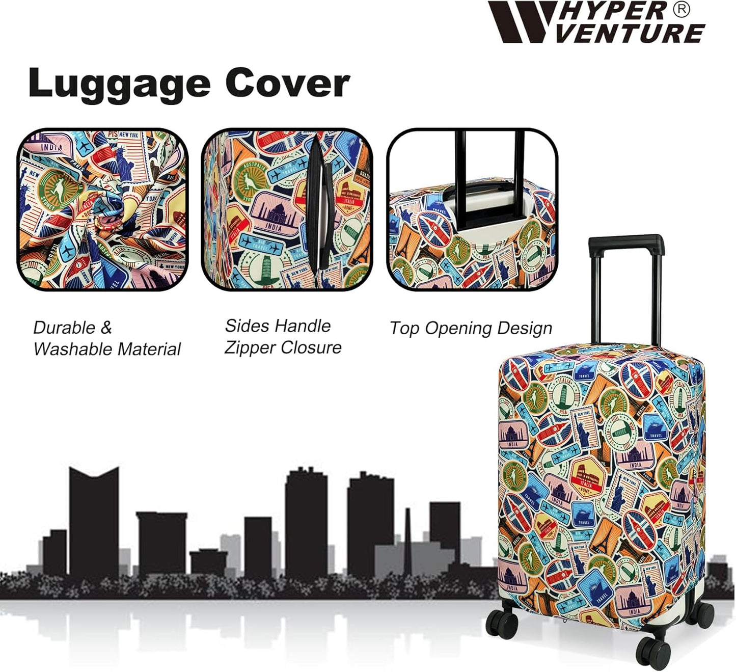 HYPER VENTURE Washable Luggage Cover - Fashion Suitcase Protector Fits 31-32 Inch Luggage (World Voyage, XL)