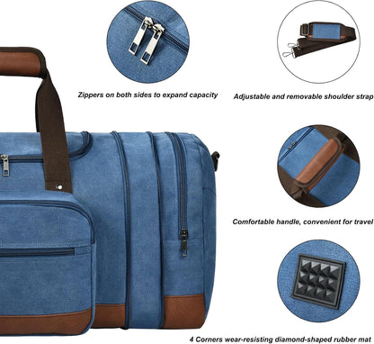 Litvyak Duffle Bag for Travel, 50L Canvas Travel Duffel Bags Overnight Weekend Gym Carry On Luggage Bag for Men & Womenn(Blue+Toiletry Bag)