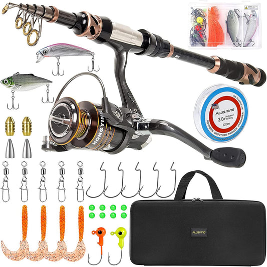 PLUSINNO Fishing Rod and Reel Combos - Carbon Fiber Telescopic Fishing Pole - Spinning Reel 12 +1 Shielded Bearings Stainless Steel BB