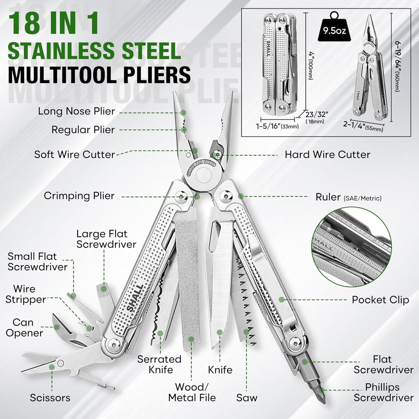 SHALL Multi Tool, 18-in-1 Multitool Pliers, Stainless Steel Multi-tool Pocket Knife w/Screwdriver Bit, Self-locking Multipurpose Tool w/Sheath for Camping Fishing Survival Hunting