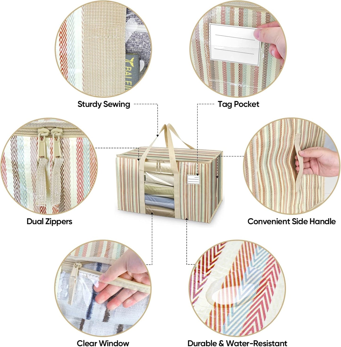 BALEINE 4-Pack Oversized Moving Bags with Reinforced Handles, Heavy-Duty Storage Tote for Clothes, Moving Supplies (Color Stripe with Window, 4-Pack)