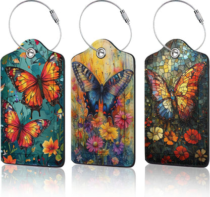 3 Pack Vintage Butterfly Wildflower Luggage Tags for Suitcases,Cute Leather Name Tag with Privacy Cover with Stainless Steel Loops, Travel ID Bag Tags for Women Men