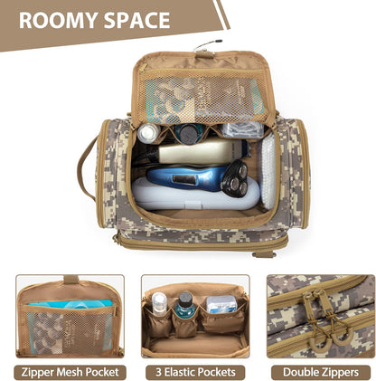 Tactical Toiletry Bag for Men, Hanging Hygiene Bag, Travel Dopp Kit Organizer for Shaving, Shower Essentials and Toiletries, Desert Yellow (Empty Bag)