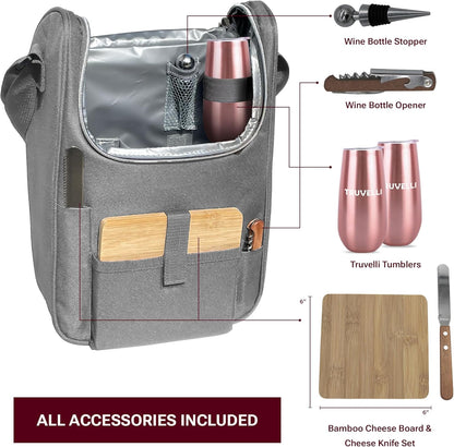 Truvelli Insulated Wine Tote Bag: Portable 2 Bottle Cheese Waterproof Black Canvas Carrier Picnic Kit - Stopper Attachment, Plus Wooden Charcuterie Board