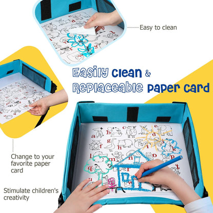 BUENAVO [New Version] Car Seat Organizer Kids Travel Tray for Kids Toddlers Activities in Car Seat, Stroller, Airplane | Waterproof Dry Erase Top | Side Pocket & Water Bottle Holder