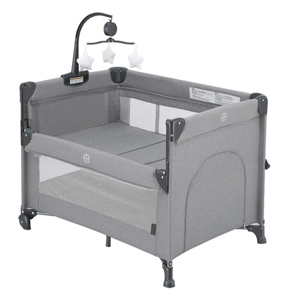 2-in-1 Baby Playard, Pack and Play Bassinet, Easy Folding Portable Crib with Music Mobile for Newborn to Toddlers (Grey)