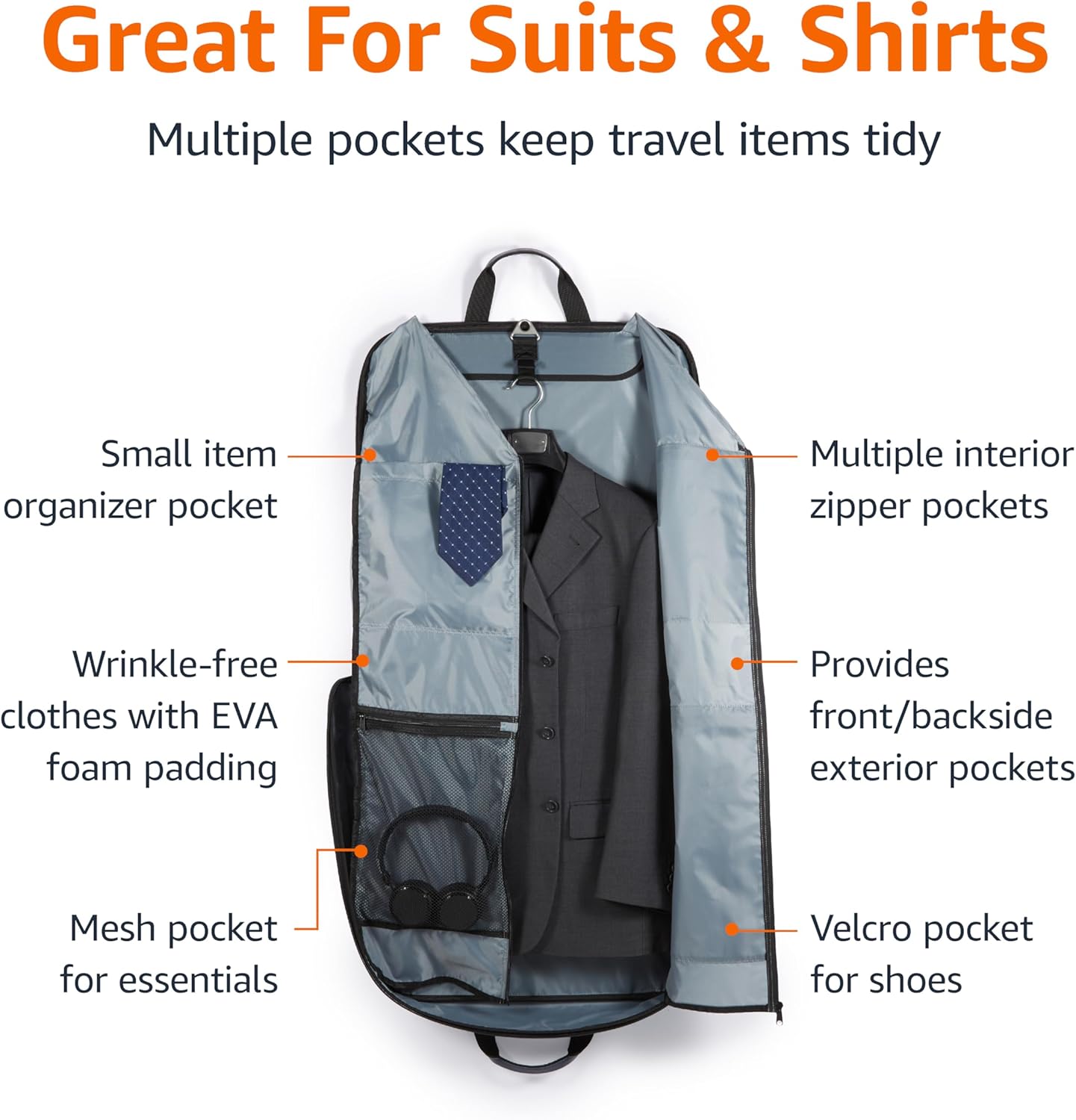 Amazon Basics Carry-On Garment Bag for Travel and Business Trips with Shoulder Strap, Hanging Suit Luggage Bag for Men Women, Wrinkle Free Cover for Suits Dresses Coats, Gray