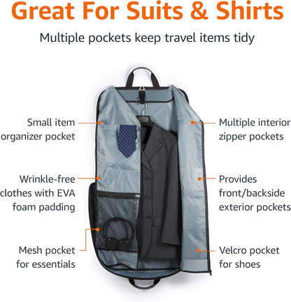 Amazon Basics Carry-On Garment Bag for Travel and Business Trips with Shoulder Strap, Hanging Suit Luggage Bag for Men Women, Wrinkle Free Cover for Suits Dresses Coats, Gray
