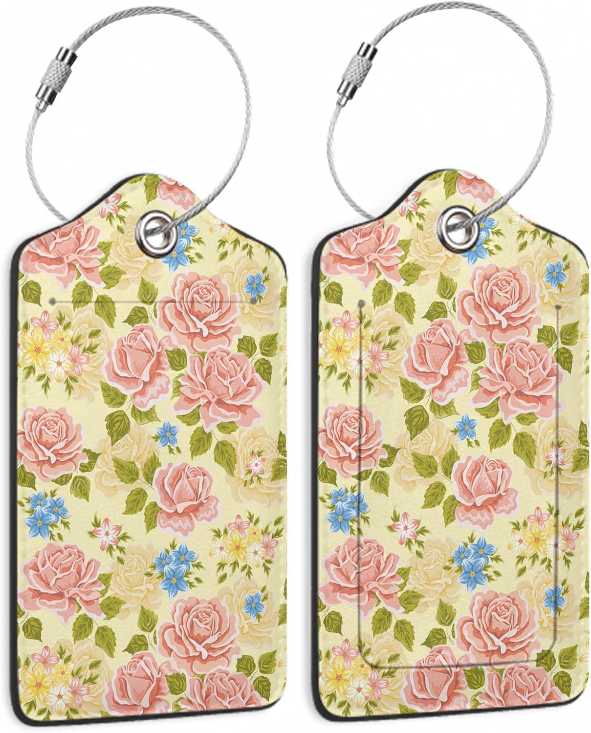 Pink Rose Luggage Tag,Flowers Retro Luggage Tags of Set 2 Leather Identifiers Privacy Cover with Stainless Steel Loop for Women Men Travel Bag Suitcase