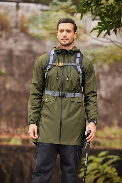 COOFANDY Men's Long Raincoat Ligtweight Rain Jacket Waterproof Outdoor Jackets with Hood