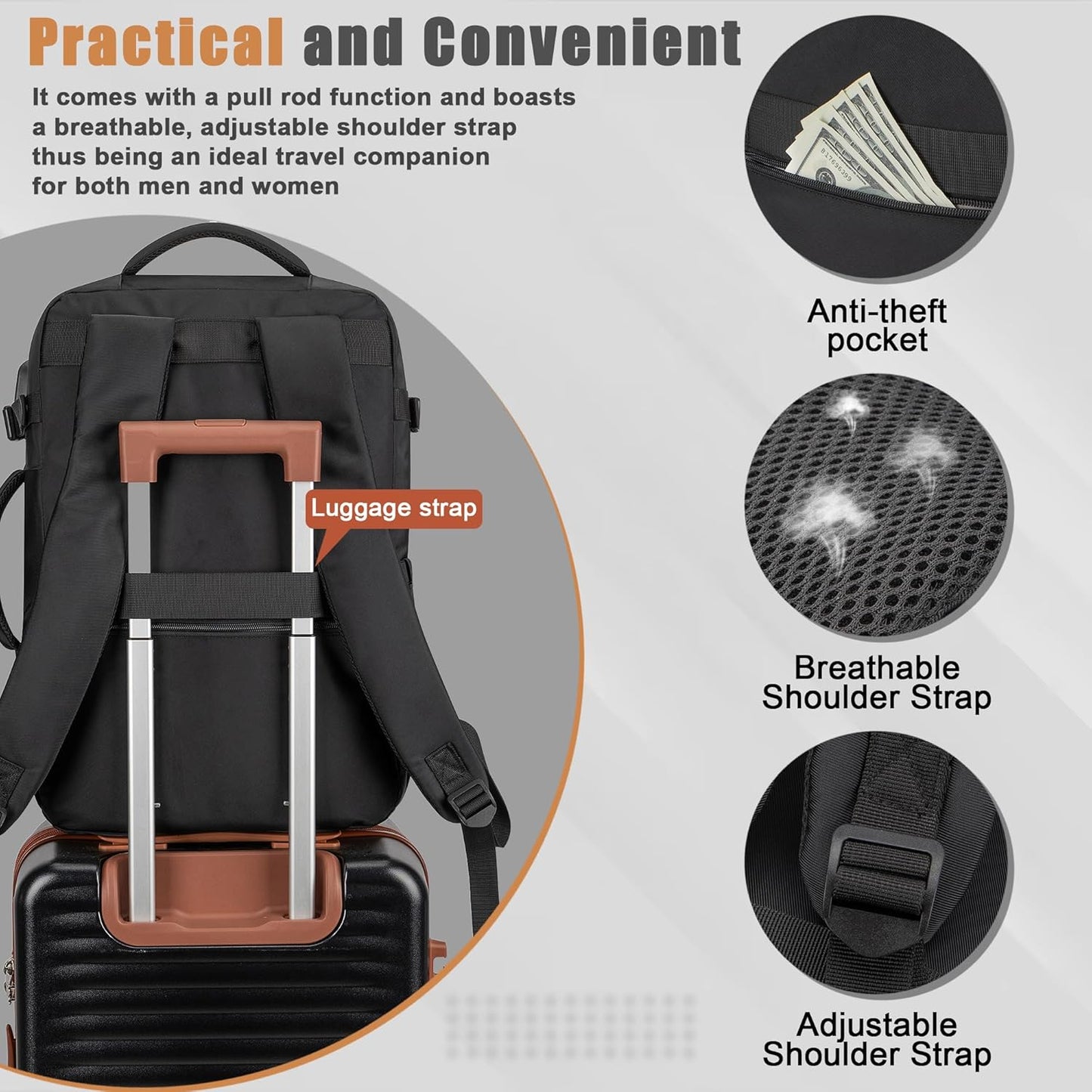 40L Travel Backpack with USB Charging Port, Water-Resistant Carry On Backpack for Men Women, Business Laptop Backpack for Trips & Commutes, Fits 15.6/17.3 Inch Laptop