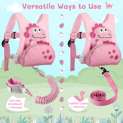 Dr.meter 3 in 1 Toddler Harness Leash + 8.2ft Anti Lost Wrist Link, Cute Dinosaur Kids Anti Lost Leash with Key Lock, Child Walking Harness for Parent Boys Girls Keep Kids Close, Travel Essensials