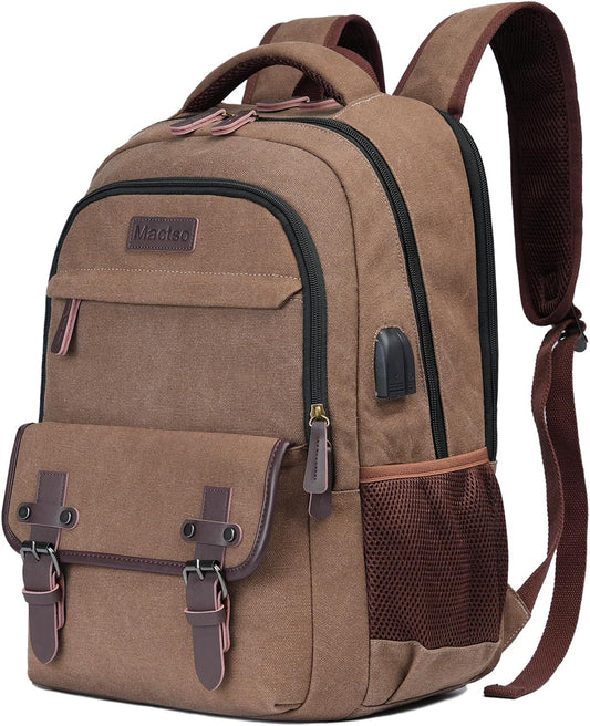 Mactso Canvas Travel Laptop Backpack for Men Women, Business Work Rucksack College School Computer Bag Fits 15.6 Inch Notebook,Bookbag with USB Charging Port (Coffee, 15.6 Inch)