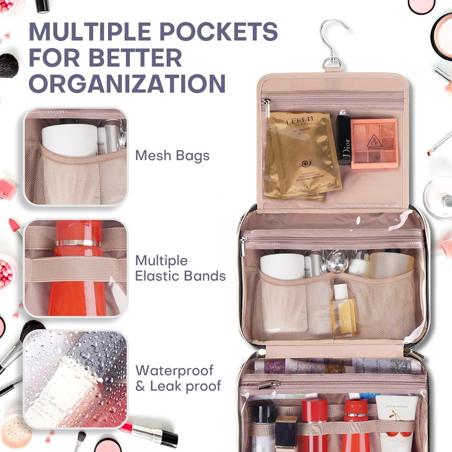 Hanging Toiletry Bag for Women Travel, 2 Sizes Large & Small Waterproof Cosmetic Organizer with 4 Compartments, Rotating Hook, Foldable Pink Travel Bag for Toiletries & Makeup - Medium Grey