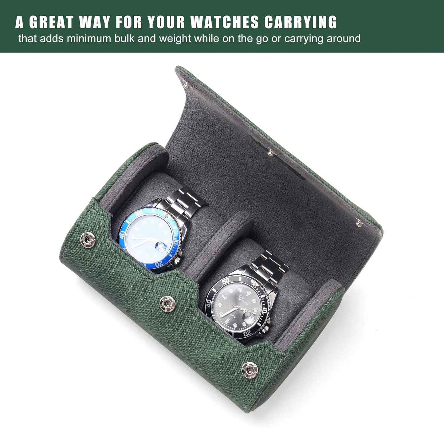 Longjet Watch Roll Travel Case for Men Portable Watches Organizer Box with Removable Velvet Pillow Holder (2 Slot Denim Green)