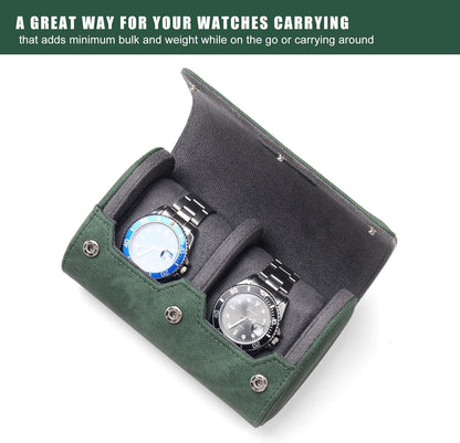 Longjet Watch Roll Travel Case for Men Portable Watches Organizer Box with Removable Velvet Pillow Holder (2 Slot Denim Green)