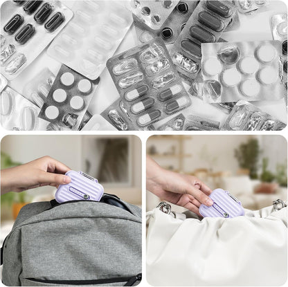 Travel Pill Organizer Box with Labels, 7 Compartments Portable Mini Pill Case, Daily Medication Organizer Storage Pill Container for Pocket Pharmacy(Purple, S)