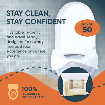 Disposable Toilet Seat Covers Pack of 50 XLarge Flushable Paper Travel Toilet Seat Covers for Adults and Potty Training, Premium Toilet Seat Liners for Public Restrooms