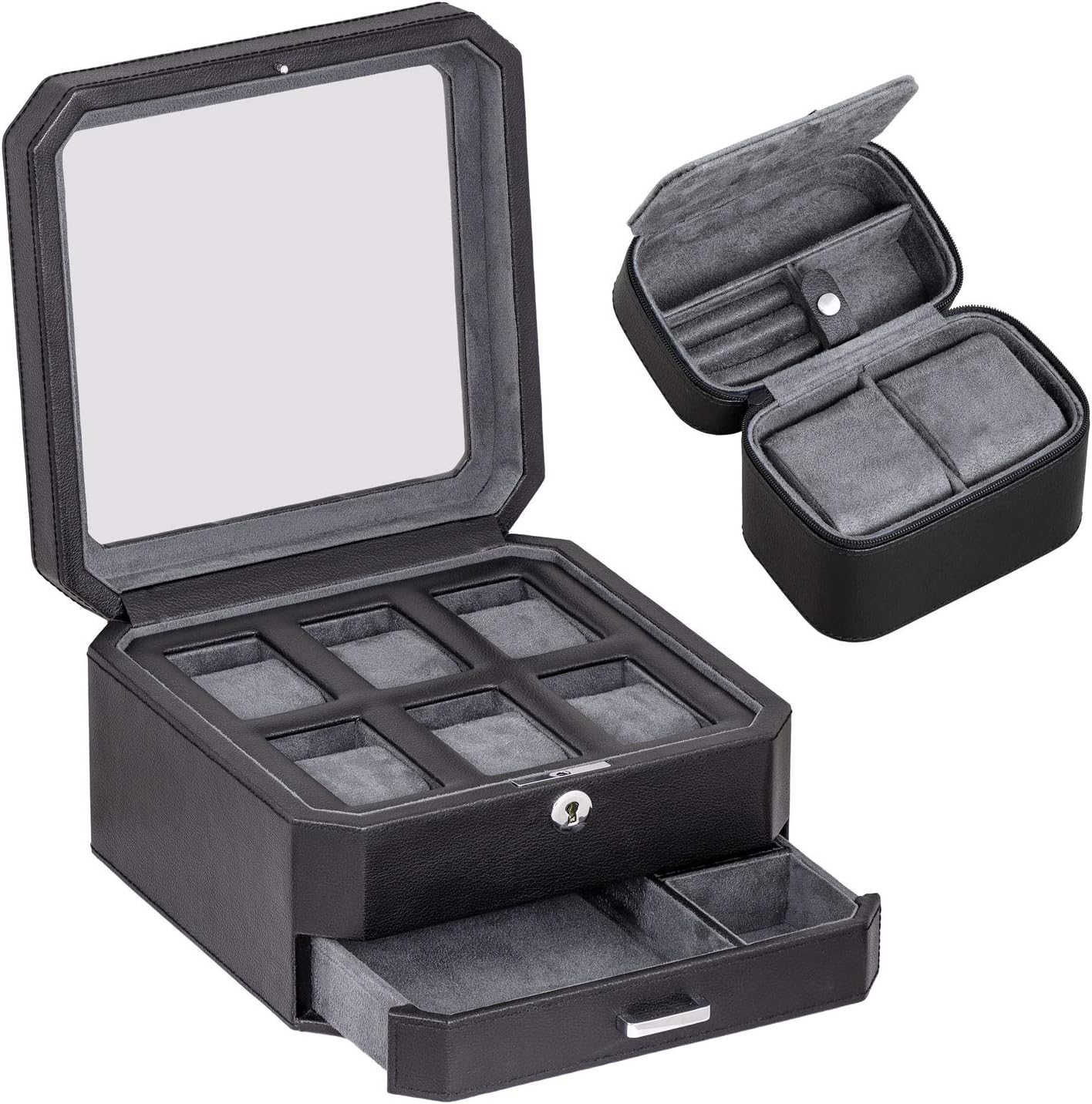 ROTHWELL Gift Box with 6 Slots Leather Watch Box and 2 Watches Travel Case - Storage Box Holder with Glass Top (Black/Grey Gift Box)