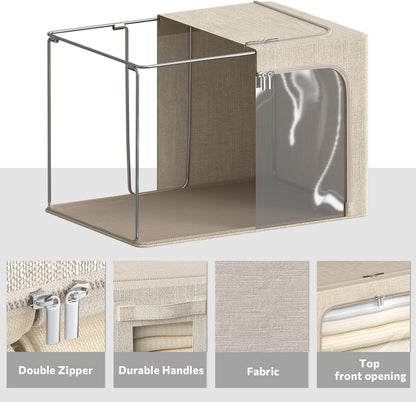 4 Pack Clothes Storage Bins with Metal Frame - Linen Fabric Foldable Stackable Container Organizer Set with Clear Window & Carry Handles & Zippers (Beige, 19.7"x15.7"x13")