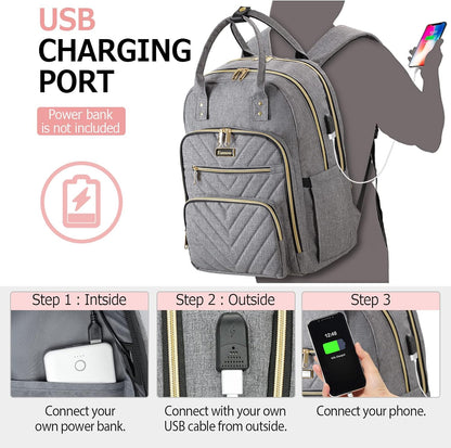 Travel Backpack for Women, 15.6 Inch Work Laptop Backpack, Water Resistant Backpack for Business with USB Charging Port, Anti-theft Student Teacher Bookbags, Large Daypacks for Women, Grey