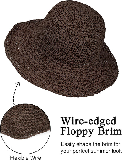 Womens Wide Brim Straw Sun Hat Foldable Floppy Crochet Beach Hat for Summer