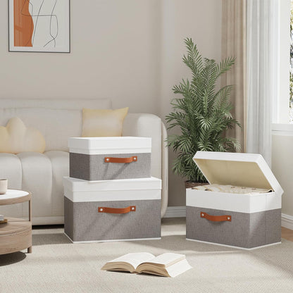 Fabric Storage Boxes with Lids, Linen Foldable Cloth Baskets, 17.7 x 11.8 x 11.8 Inch Closet Organizer Containers with Double Handles, Sweater Bins for Bedroom, White and Grey, 1 Pack