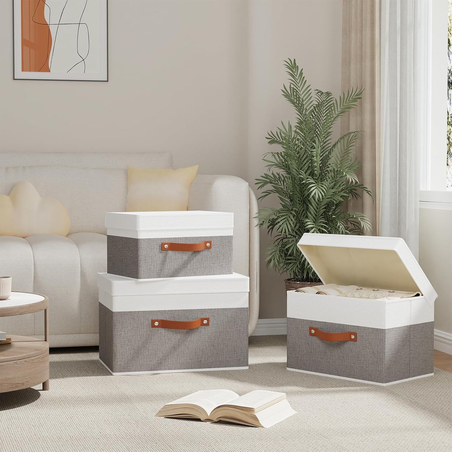 Fabric Storage Bins with Lids, 1 Pack Linen Foldable Cloth Baskets, 15 x 9.8 x 9.8 Inch Closet Organizer Containers with Double Handles, Sweater Boxes for Bedroom, White and Grey