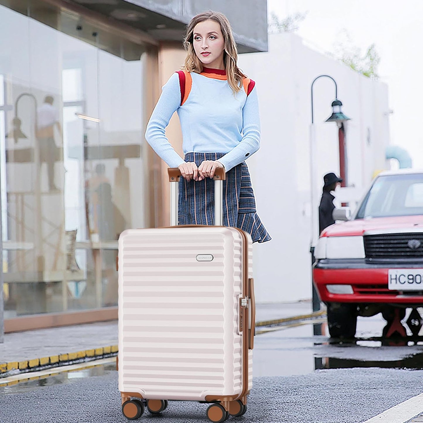 SHOWKOO Carry On Luggage Hardshell Lightweight Luggage Set, Suitcase with Double Spinner Wheels Tsa Lock White 3 piece set Beige White (DB/TB/20in)