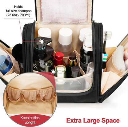 Hanging Travel Toiletry Bag for Women and Men, 6 Organizer Compartments, Large Toiletries essentials, Bathroom Cosmetic Accessories, Water-resistant Makeup Bag, Holds Full-Size Shampoo, Black
