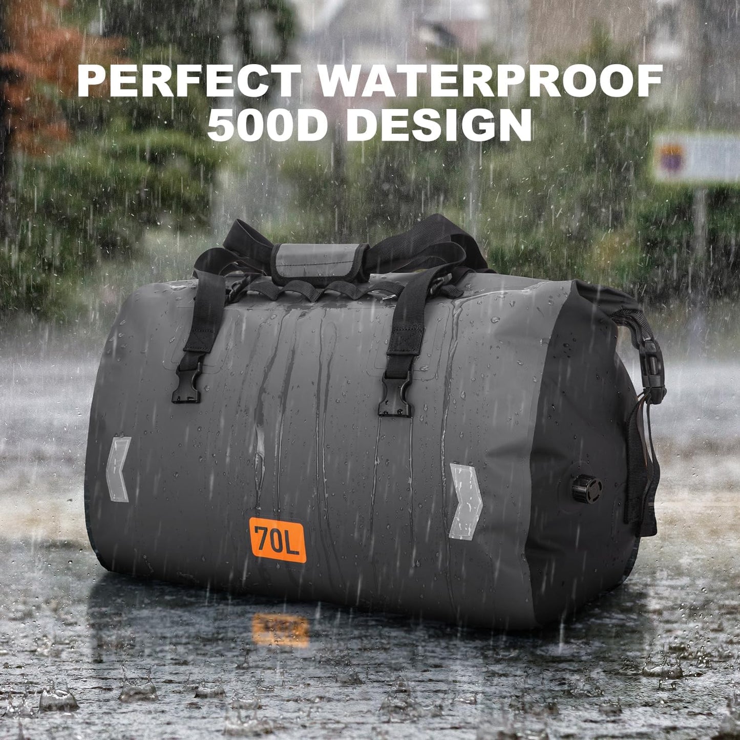 Waterproof Duffel Bag, 70L Roll-top Motorcycle Dry Bag with Air Valve & Quick-fixed Straps, Travel Duffle Bags for Kayaking Paddle Boarding Rafting Boating Camping Riding Fishing - Grey
