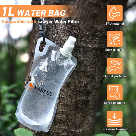 1L Hiking Collapsible Water Bottles, 33OZ BPA-Free Plastic Flasks, Reusable Drink Bags, Foldable Backpacking Water Bottle for Travel Camping Hiking (6-Pack)