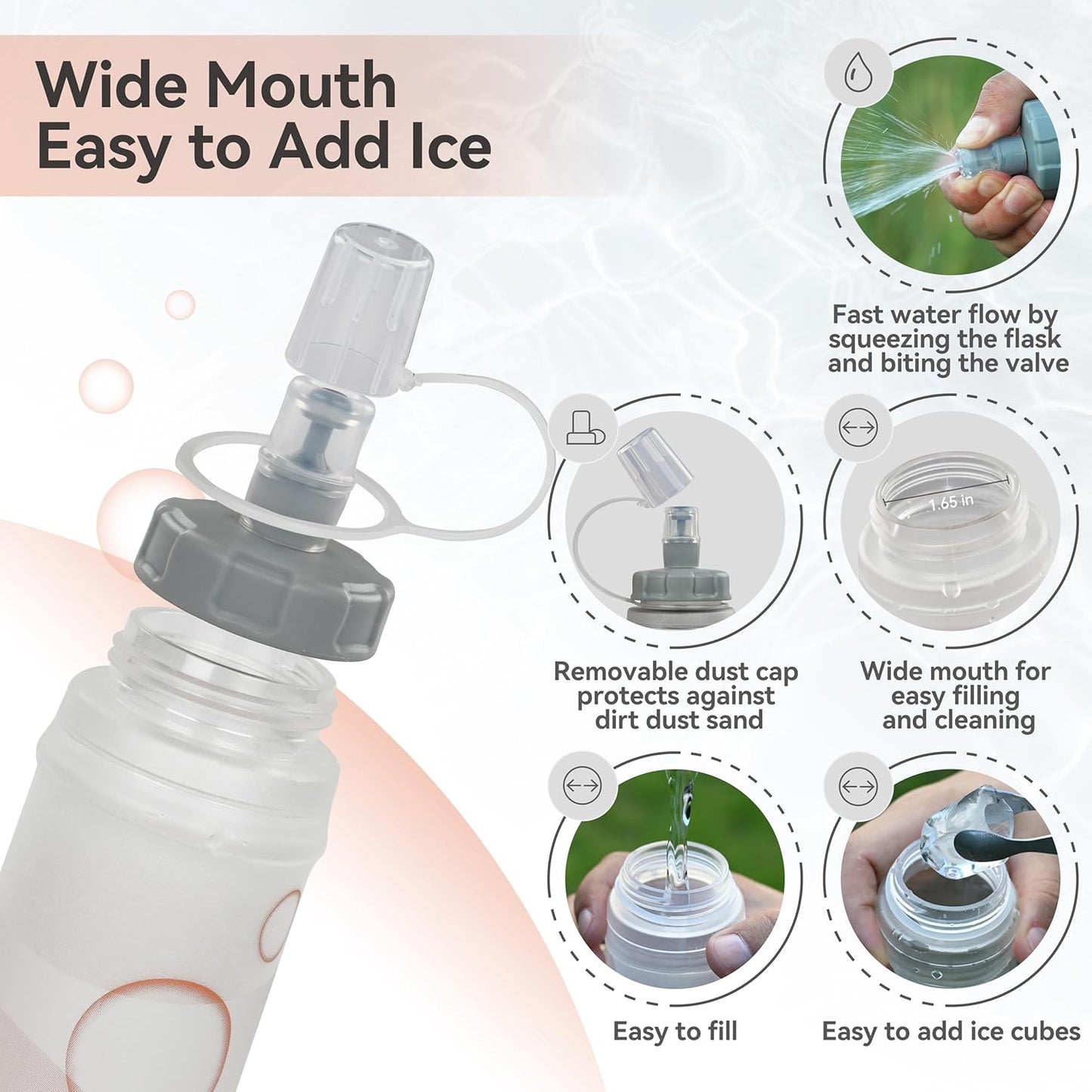 MARCHWAY Soft Hydration Flask with Wide Mouth, 300ml/500ml Collapsible TPU Water Bottle, Leakproof Portable Flexible for Running, Hiking, Cycling, Climbing, Gym, Travel (2pcs White 500ml)