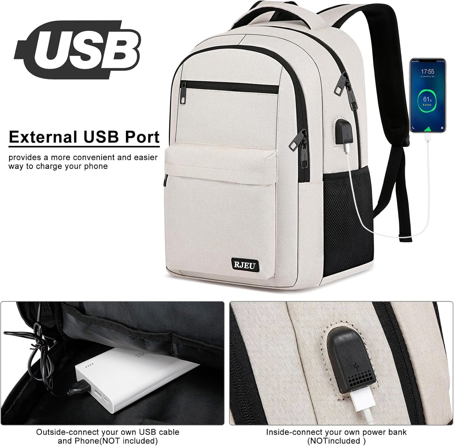 School Backpack for Teen Girls, Laptop Backpack 15.6 Inch with USB Charging Port, Sturdy Beige College Bookbag