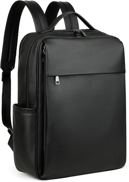 MASINTOR 15.6 inch PU Leather Laptop Backpack Purse for Women, Large College Casual Backpack Travel Bag Black