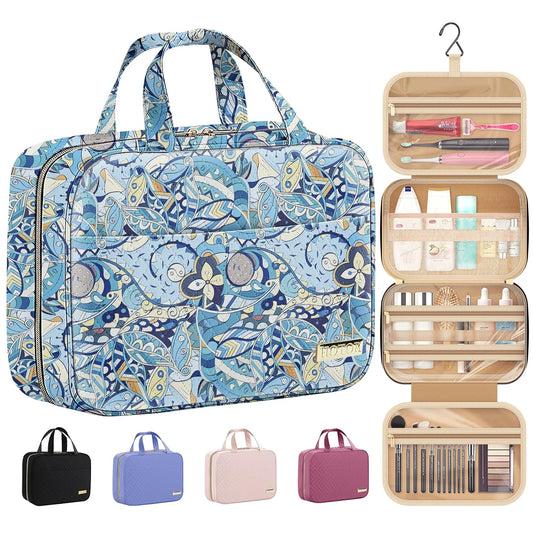 HOTOR Travel Toiletry Bag w/Hanging Hook - Spacious Toiletry Bag Essentials for Women & Men, Makeup Bag/Big Comparment, Waterproof for Travel Accessories, Medium, Blue Flower