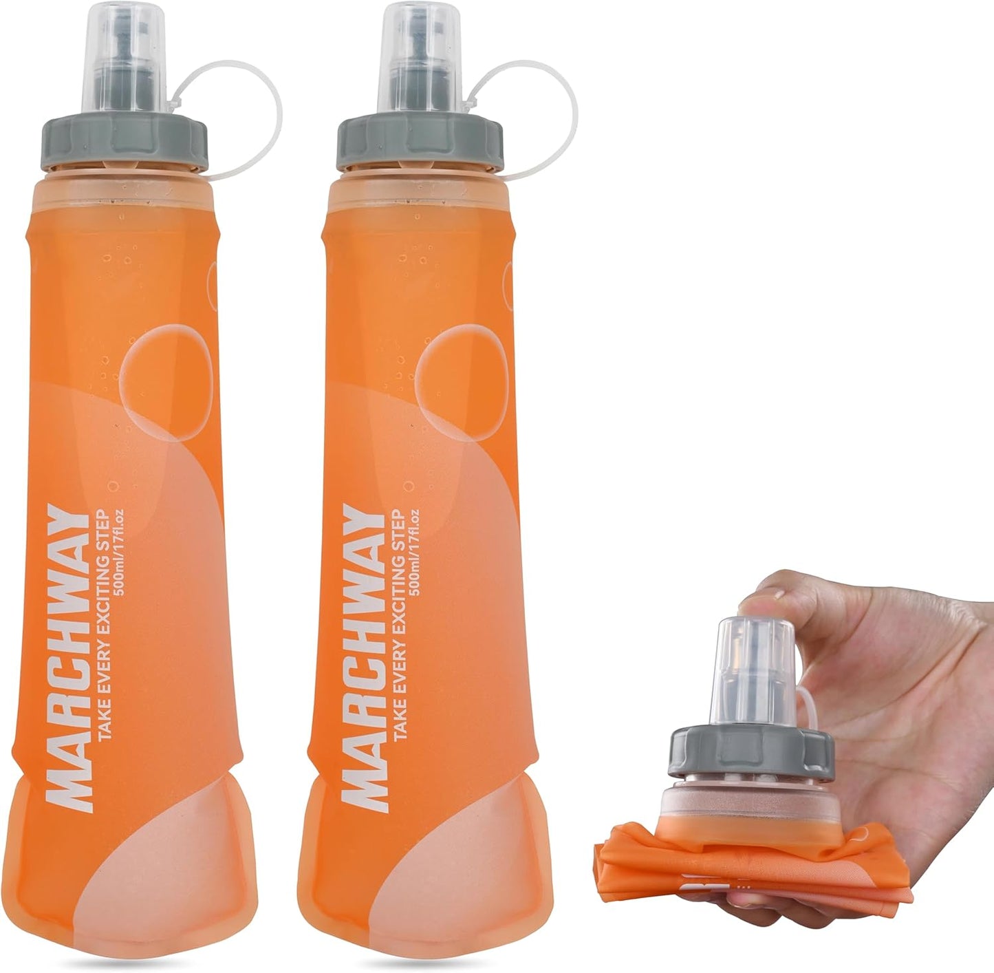 MARCHWAY Soft Hydration Flask with Wide Mouth, 300ml/500ml Collapsible TPU Water Bottle, Leakproof Portable Flexible for Running, Hiking, Cycling, Climbing, Gym, Travel (2pcs Orange 500ml)