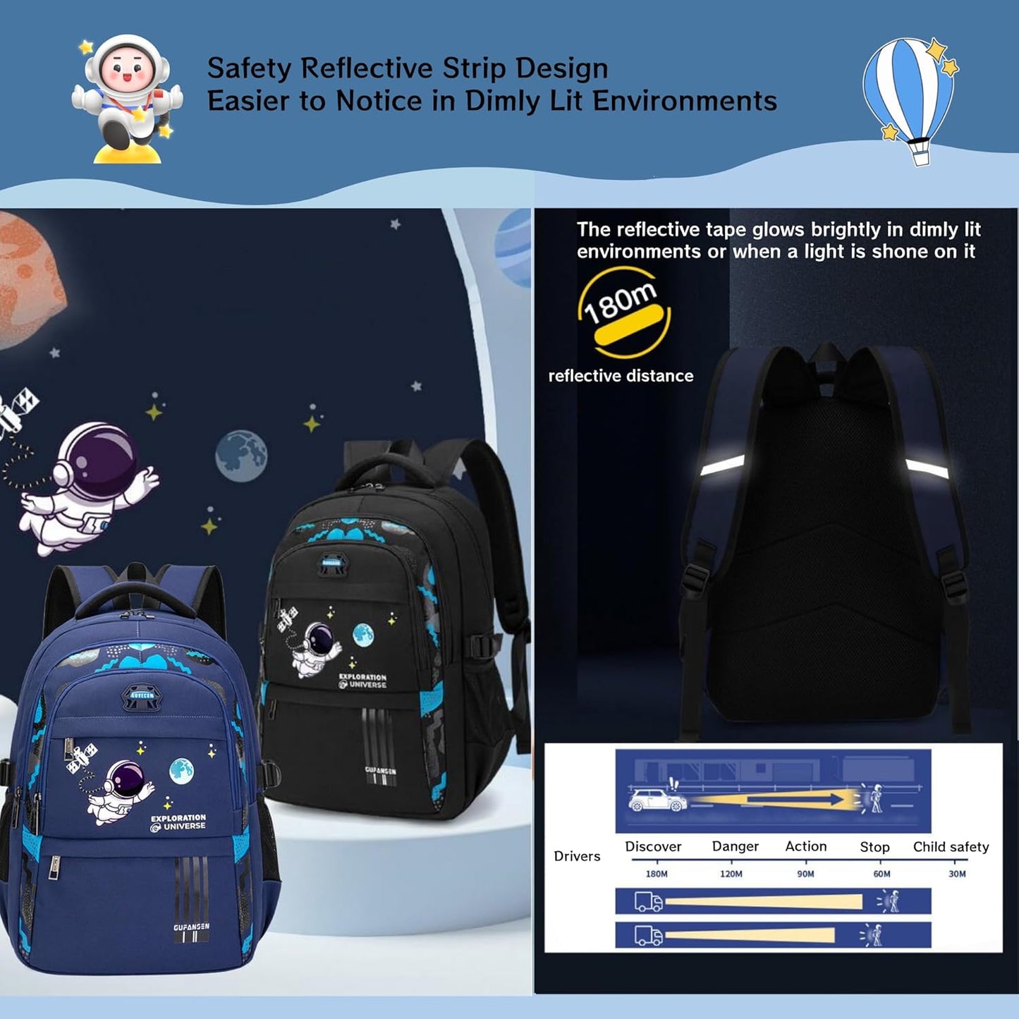 MITOWERMI Astronaut Backpack for Boys School Bags Space Kids Backpack for School Elementary Book Bags Girls Lightweight Travel Back Packs Black
