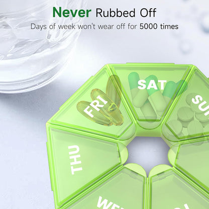 Weekly Pill Organizer, 2 Pack Portable Pill Box Medicine case 6 Colors (Seven Day) New Edition for Vitamin/Fish Oil/Pills/Supplements-Arthritis Friendly (Green)