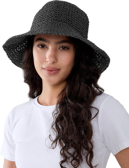 Womens Wide Brim Straw Sun Hat Foldable Floppy Crochet Beach Hat for Summer