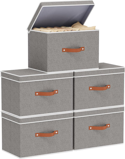 Collapsible Storage Bins with Lids, Linen Foldable Cloth Baskets, 17.7 x 11.8 x 11.8 Inch Closet Organizer Containers with Double Handles, Sweater Boxes for Bedroom, Grey, 5 Pack